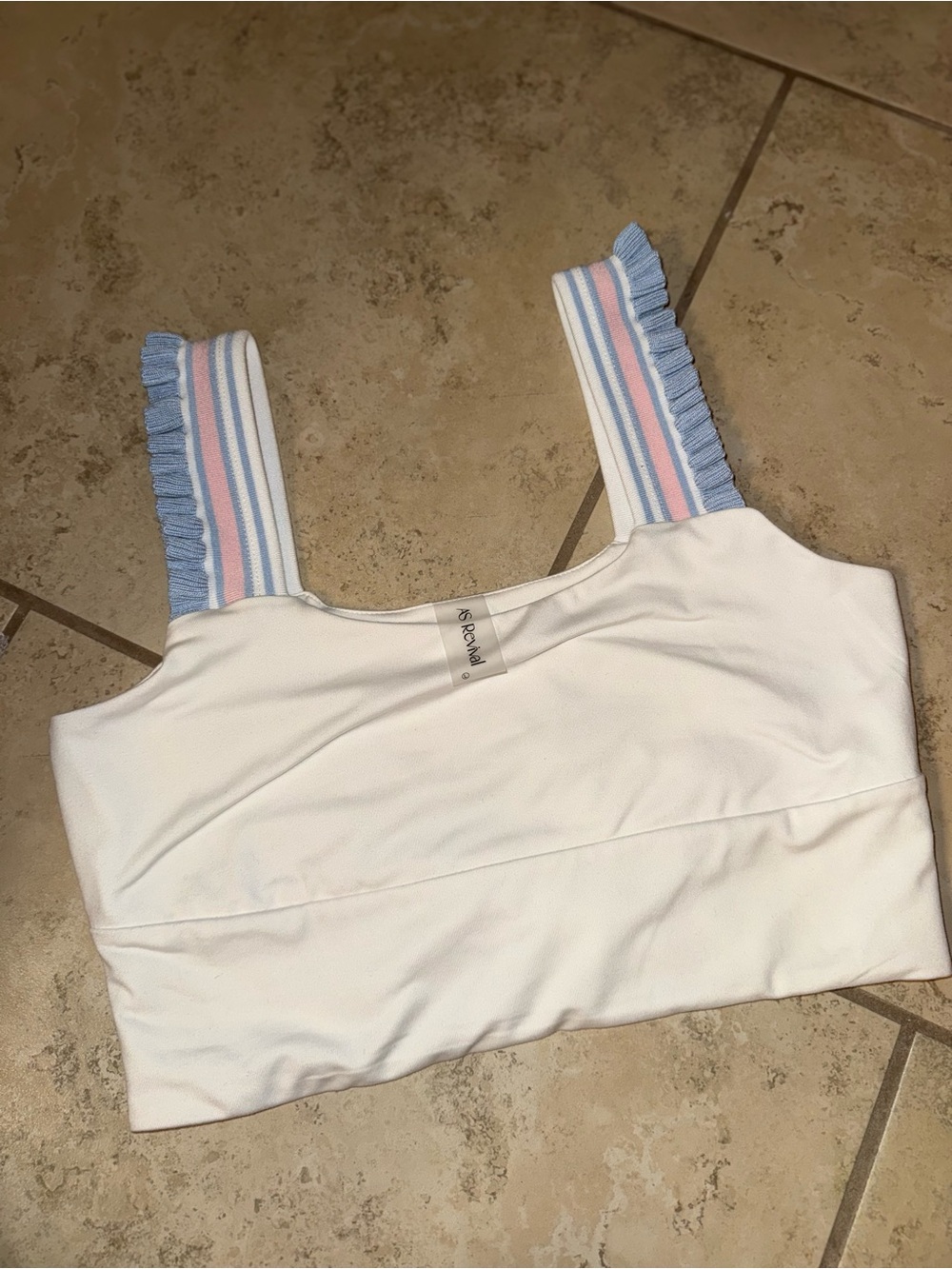 Altard state White Crop Tank with Blue and Pink Ruffle-Strap Detail